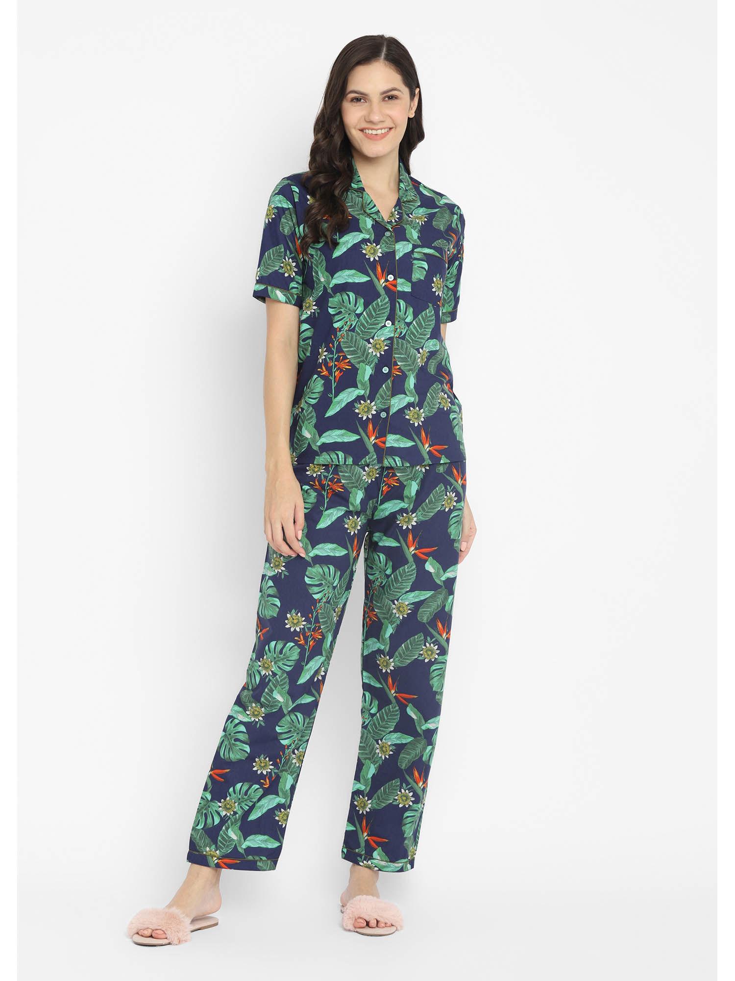 tropical forest print short sleeve womens night suit (set of 2)