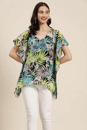 tropical georgette v neck women's top - green mix