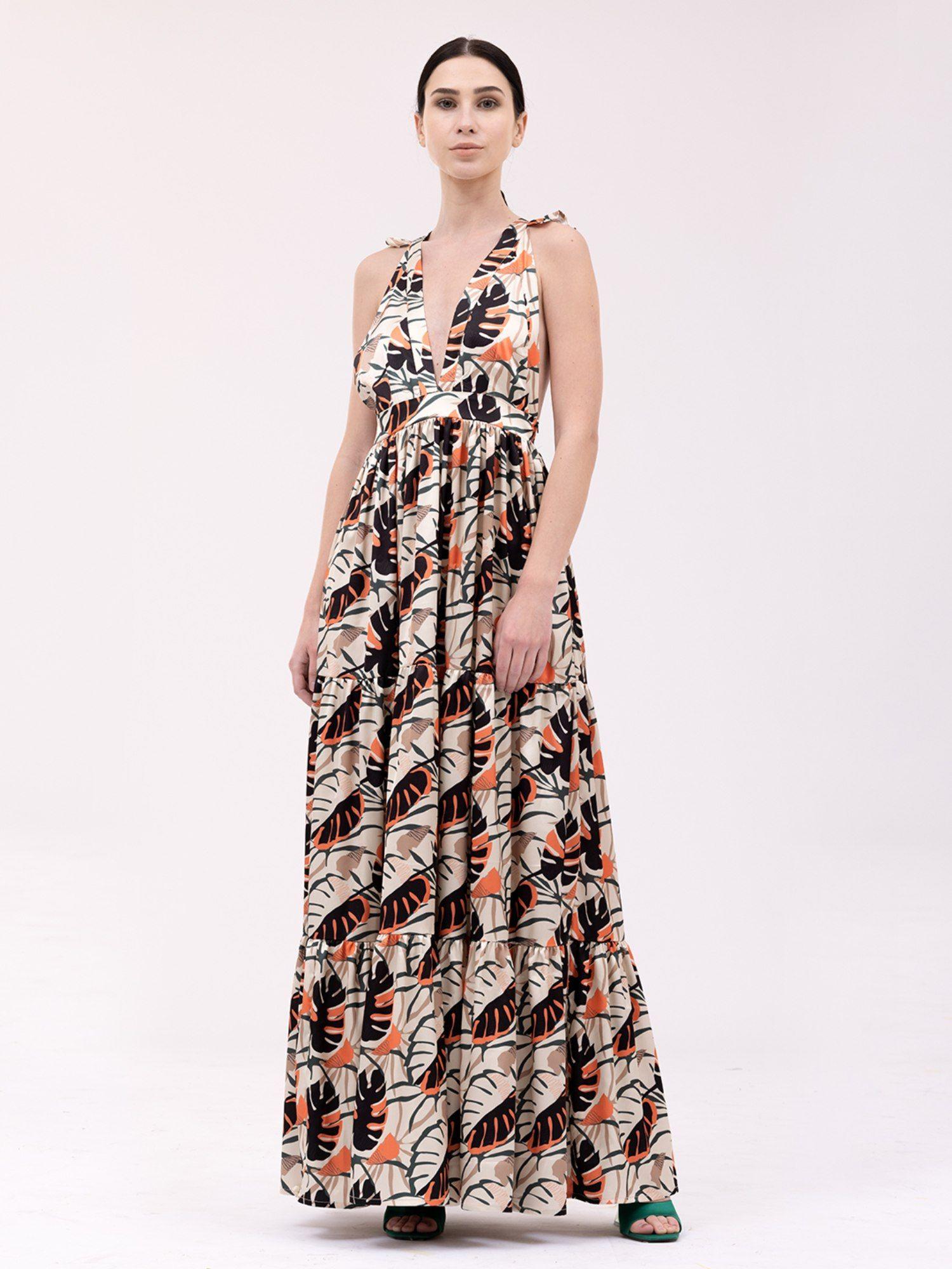 tropical leaf print halter multi-color maxi dress (xxs)