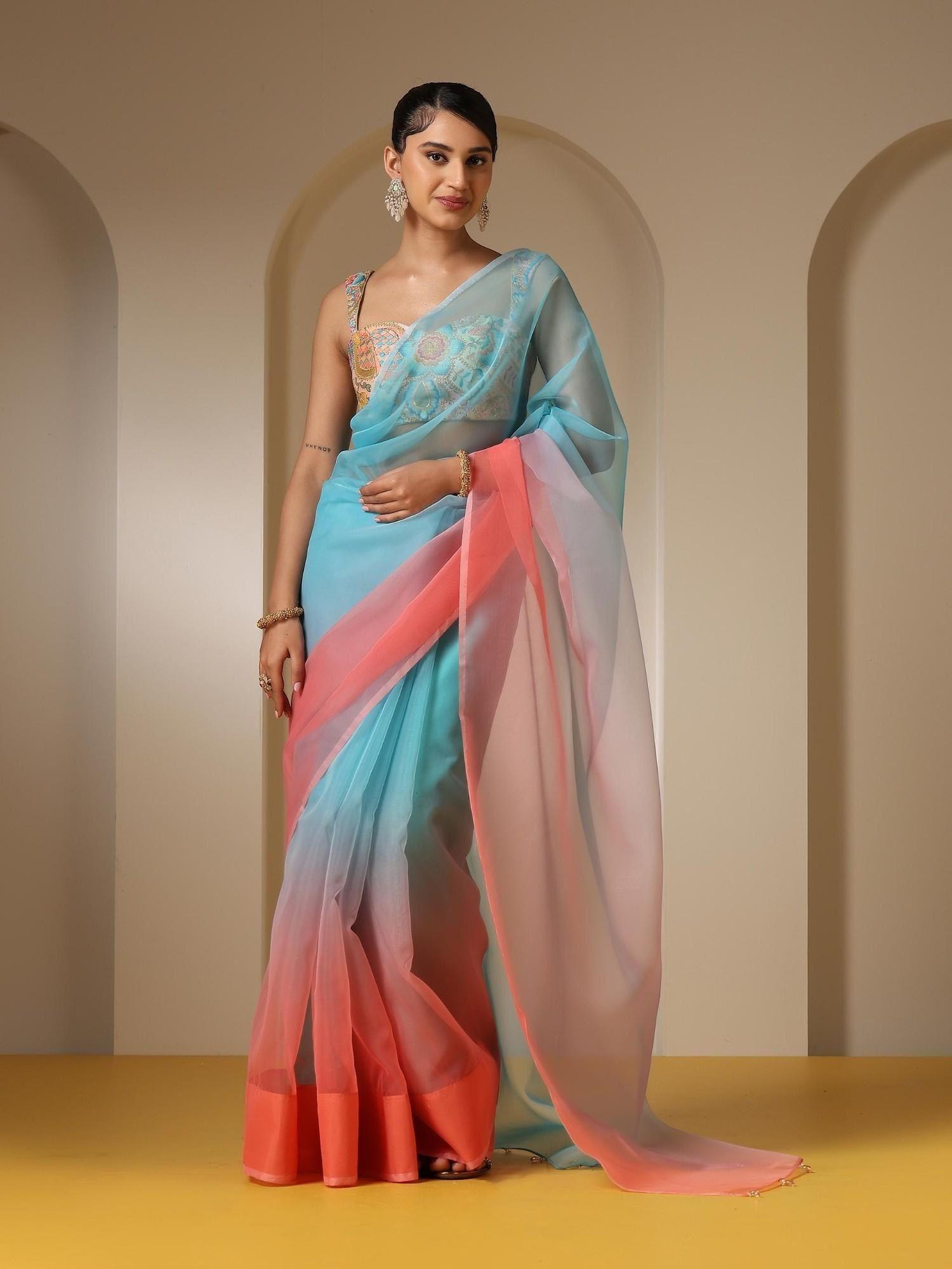 tropical pink and blue organza ombre saree