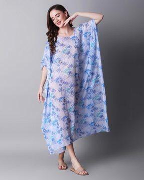 tropical print a-line dress with kimono sleeves