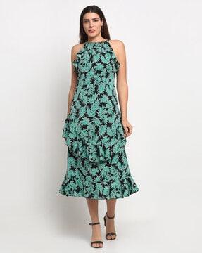 tropical print a-line dress with ruffle accent