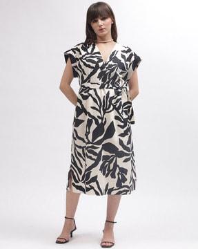 tropical print a-line dress with waist tie-up