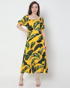 tropical print back tie-up flounce dress