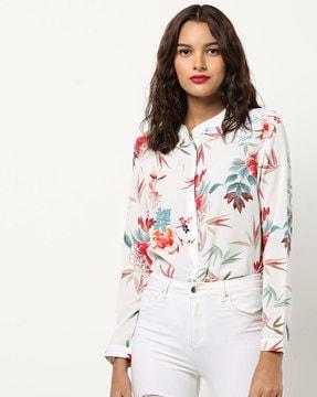 tropical print blouse with concealed button placket