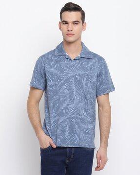 tropical print chambray polo t-shirt