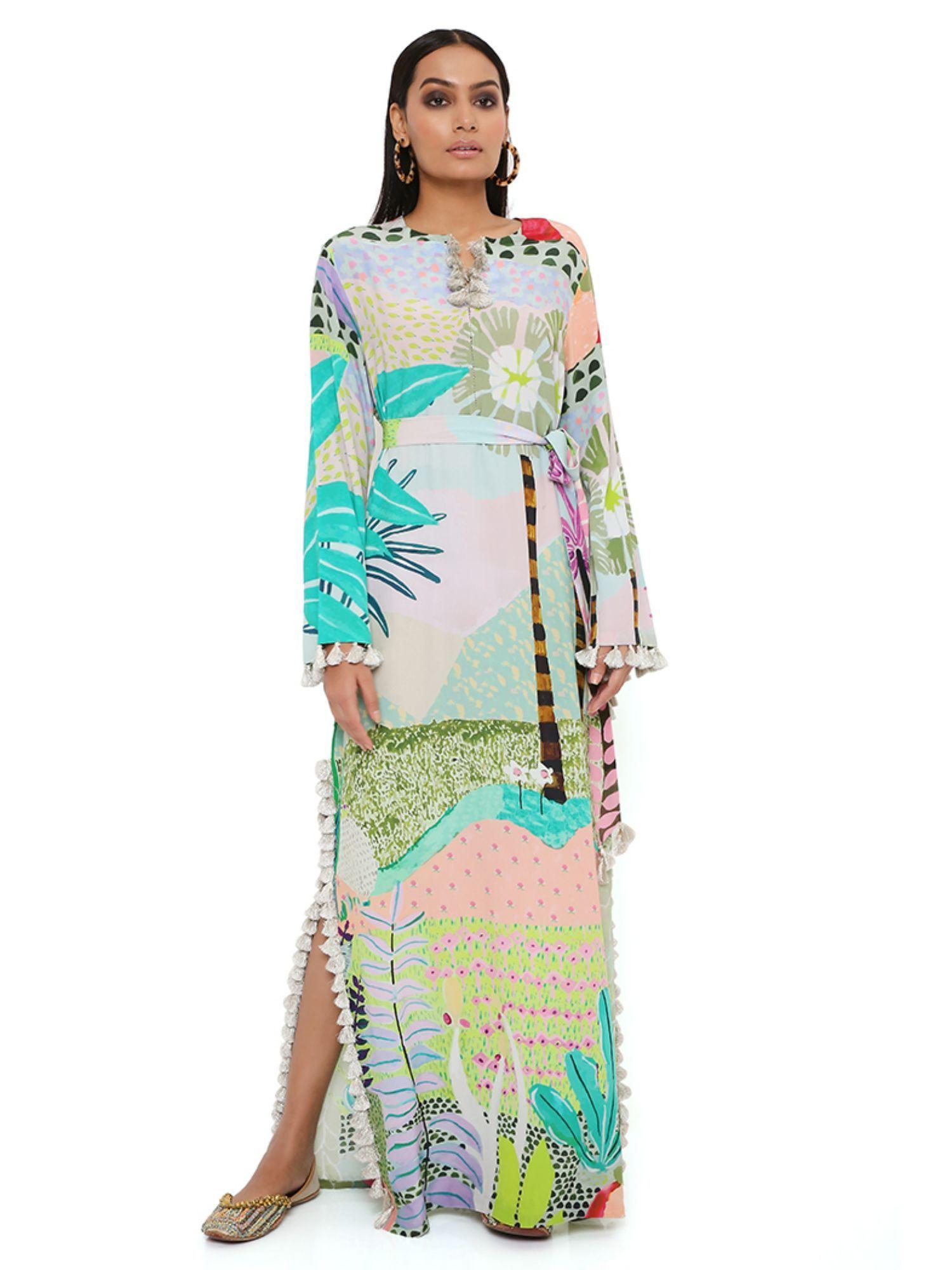 tropical print crepe long beyza kaftan with a belt (set of 2)