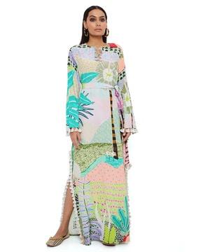 tropical print crepe long beyza kaftan with belt