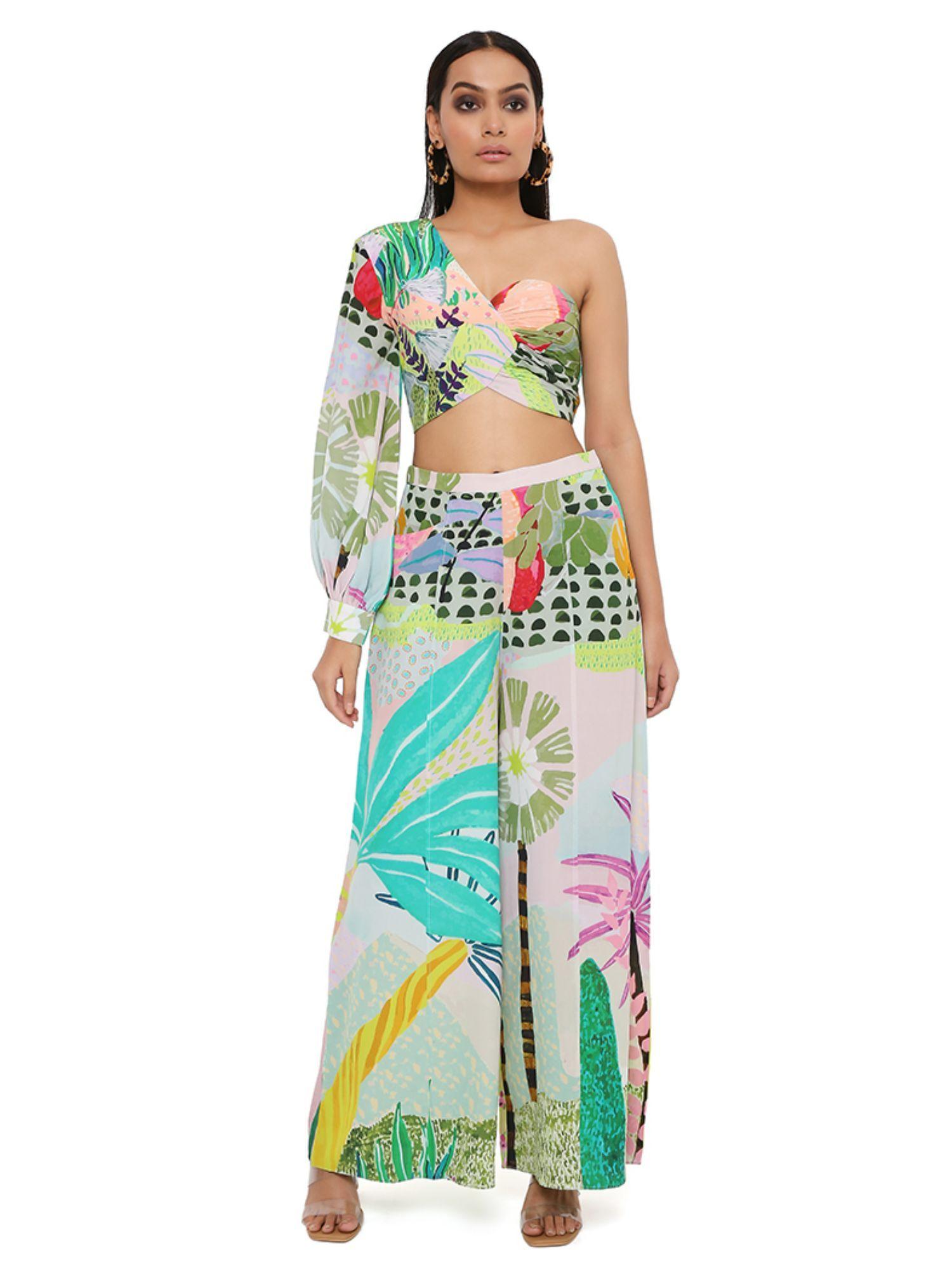 tropical print crepe one shoulder top with palazzo (set of 2)