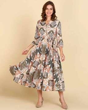 tropical print fit & flare dress with belt