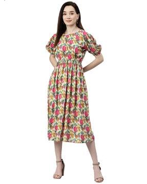 tropical print fit & flare dress with elasticated waist