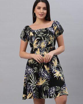 tropical print fit & flare dress