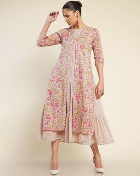 tropical print flared kurta with shrug