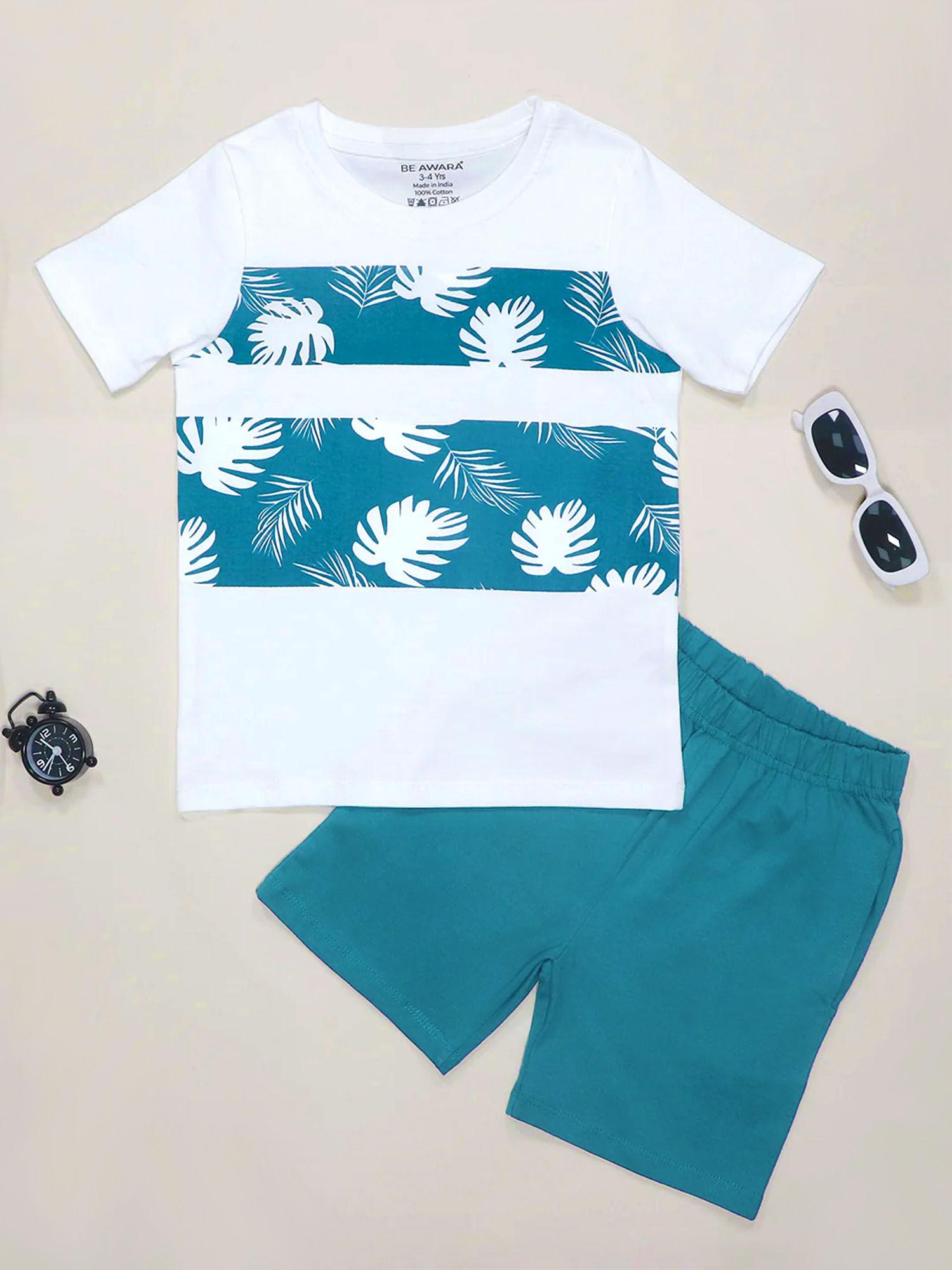 tropical print half sleeves t-shirt & shorts - white (set of 2)