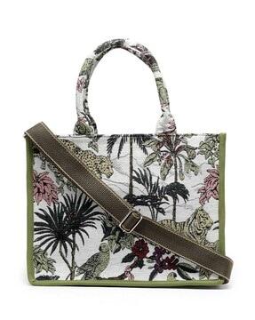 tropical print handbag with detachable sling strap