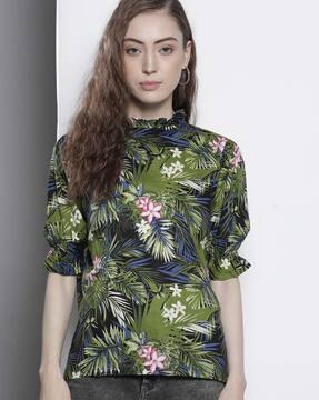 tropical print high-neck top