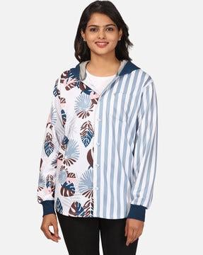 tropical print hooded shirt with patch pocket