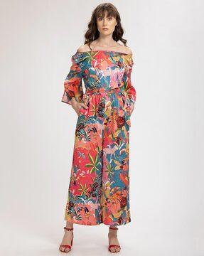 tropical print jumpsuit with off-shoulder sleeves
