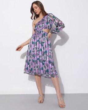 tropical print one-shoulder a-line dress