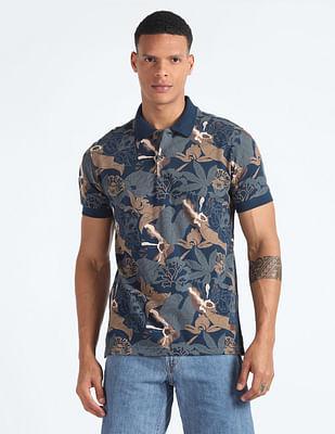 tropical print pique polo shirt