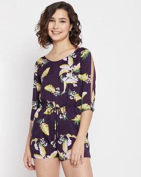tropical print playsuit with waist tie-up