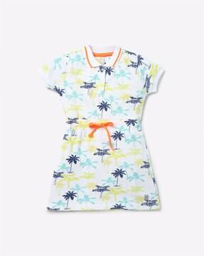 tropical print polo t-shirt dress with drawstring waist