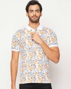 tropical print polo t-shirt with ribbed hem