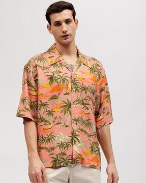 tropical print relaxed fit shirt with patch pocket