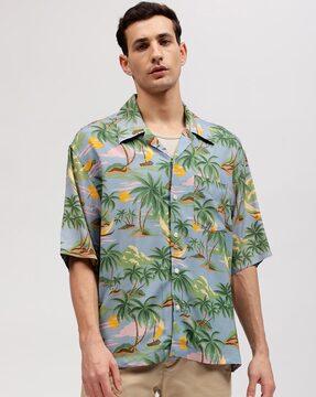 tropical print relaxed fit shirt with patch pocket