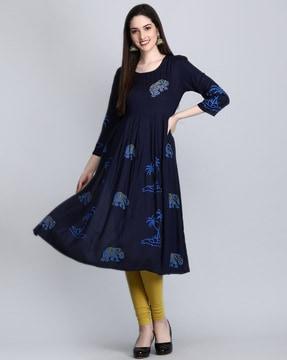 tropical print round-neck flared kurta