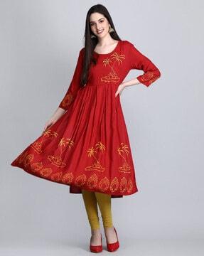 tropical print round-neck flared kurta