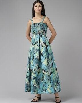 tropical print ruched a-line dress