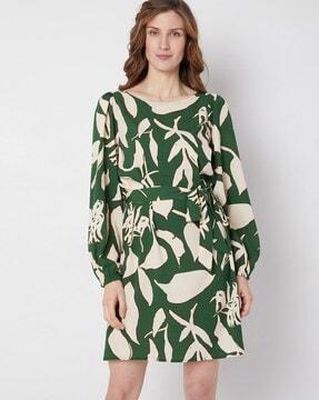 tropical print shift dress with waist tie-up