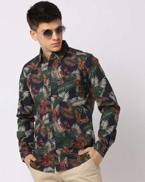 tropical print shirt with patch pocket