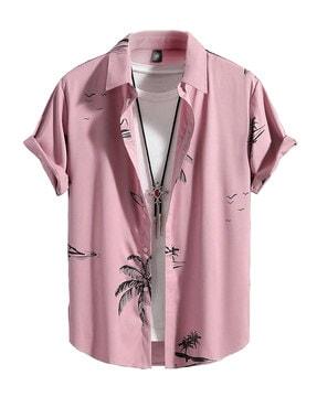 tropical print shirt with spread-collar