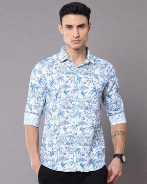 tropical print shirt with spread collar
