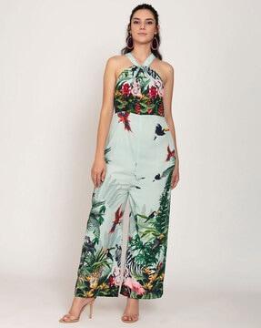 tropical print sleeveless jumpsuit