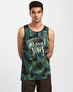 tropical print sleeveless round-neck t-shirt