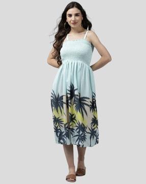 tropical print smocked fit & flare dress