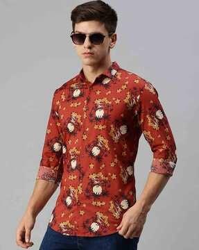 tropical print spread-collar shirt