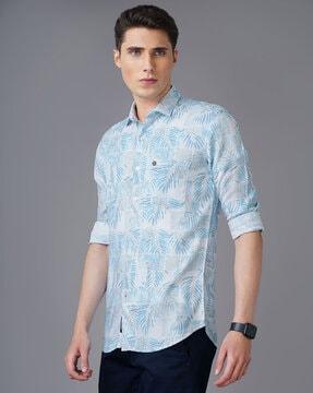 tropical print spread-collar shirt