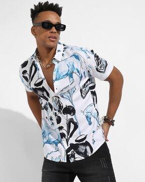 tropical print spread-collar shirt