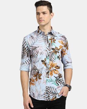 tropical print spread-collar shirt