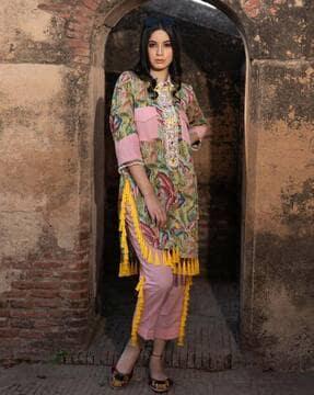 tropical print straight kurta set