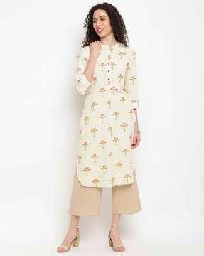 tropical print straight kurta with roll-up sleeves