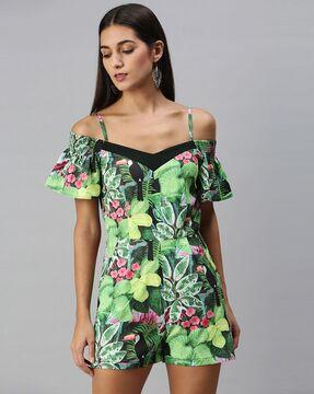 tropical print strappy sleeves playsuit