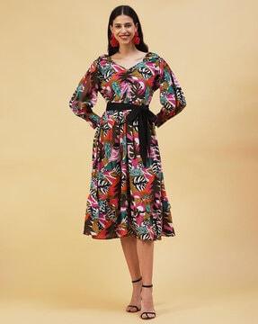 tropical print tiered dress with belt