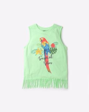 tropical print top with fringed hemline
