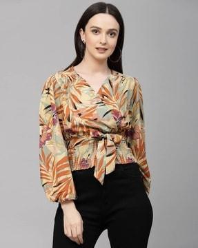 tropical print top with puff sleeves