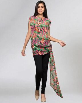 tropical print top with waist tie-up